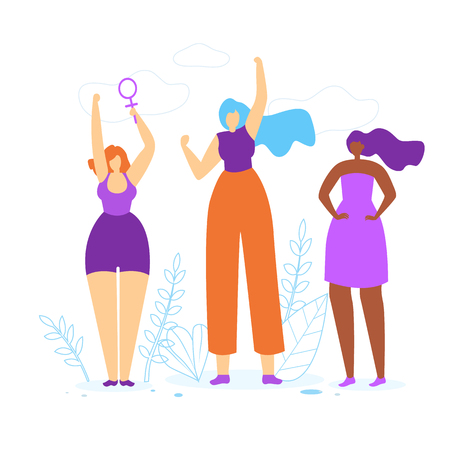 Young Girls with Hands Up. Diverse International and Interracial Women. Female Power Symbol in Hand, Feminism and Feminine, Woman Empowerment Idea. Togetherness. Cartoon Flat Vector Illustration.のイラスト素材