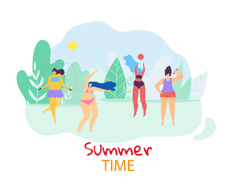 Summer Time. Group of Young Happy Plus Size Women Playing and Relaxing Openair on Landscape Background with Field, Blue Sky and Trees. Active Lifestyle. Body Positive. Cartoon Flat Vector Illustrationのイラスト素材
