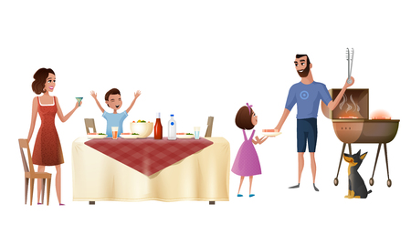 Family Holiday Dinner Cartoon Vector with Mother Holding Goblet, Joyful Son at Table and Daughter Grilling Meat with Father Illustration Isolated on White Background. Happy Parents Resting With Kidsのイラスト素材