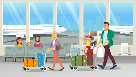 Transporting Large Quantity of Luggage in Airport Cartoon Vector Concept. Happy Father and Mother Walking with Child in Airport Lounge, Carrying Baggage with Cart Illustration. Family Vacation Flightのイラスト素材