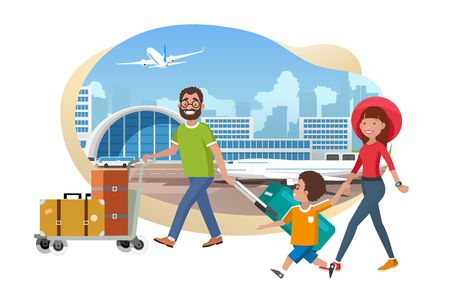 Happy Family Vacation Flight Cartoon Vector Concept Isolated on White Background. Father Pushing Baggage Trolley with Bags, Mother Holding Child by Hand while Hurrying to Boarding Plane in Airportのイラスト素材