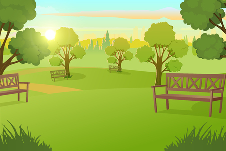 Sunny Day in City Park with Green Grass on Meadow and Benches under Trees Cartoon Vector Illustration. Peaceful Public Place for Leisure, Comfortable Square in Metropolis. Urban Infrastructure Elementのイラスト素材