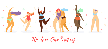 Body Positive Women Flat Vector Concept. Happy Multinational Overweight Women in Swimsuits Hugging and Dancing Together Illustration on White Background. Attractive Ladies Satisfied with Their Bodiesのイラスト素材