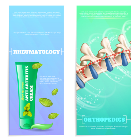 Vertical Flat Banner Rheumatology and Orthopedics. Vector Illustration Set on Blue Background. Remedy Gel Against Arthritis in Tube Next to Salmon Sample Cream and Juicy Green Leaves.のイラスト素材