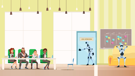 Robot Job Interview Process in Open Space Office. Male Bot Candidate Walk into Door. Artificial Intelligence in Corridor. Human Boss HR Sit at Working Table. Flat Cartoon Vector Illustrationのイラスト素材