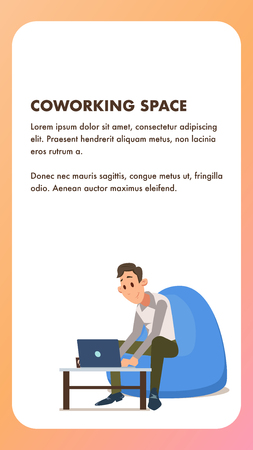 Freelance Worker with Laptop in Beanbag Chair. Businessman Work by Computer on Table in Office. Male Student Character in Formal Suit Sit Relaxed. Flat Cartoon Vector Illustration.のイラスト素材