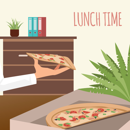 Pizza in Delivery Box at Office Workplace Banner. Lunch Time at Coworking Space. Italian Food in Opened Cardboard Package. Hand Hold Slice of Junkfood. Cartoon Flat Vector Illustrationのイラスト素材