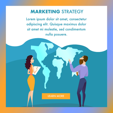 Bearded Man in Jeance with Cup Touch World Map on Wall and Woman in Yellow Dress Look at Him and Writing on Gradient Background. Flat Vector Illustration, Square Banner, Marketing Strategy Inscriptionのイラスト素材