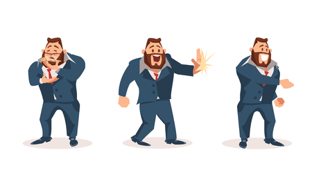 Happy Male Office Worker Character Wear Suit Set. Man Smell Slice of Pizza. Smiling Boss give High Five. Coworker or Businessman with Beard Shake Hand. Flat Cartoon Vector Illustrationのイラスト素材