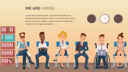 People in Queue Wait for Job Interview in Corridor. Worried Employee Sit on Chair or Wheelchair in Office Hallway. Multiracial Candidate Character Wear Formal Suit. Cartoon Flat Vector Illustrationのイラスト素材