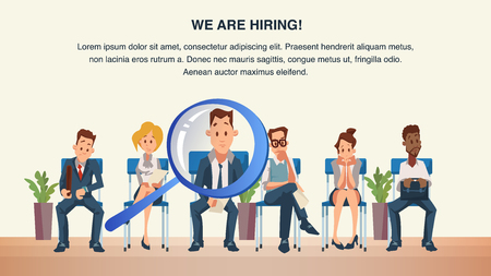 Group of People Sit in Queue Wait Job Interview. Worried Employee on Chair in Office. Young Anxious Man and Woman Candidate Character Wear Formal Suit. Cartoon Flat Vector Illustrationのイラスト素材