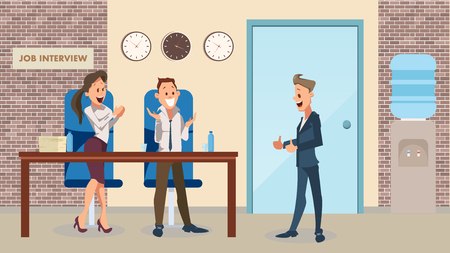 Thumb Up Happy Man, Smiling Office Worker Clap. Successful Job Interview at Modern Workplace. Recruitment. Partnership Begin. Employee Character Wear Suit Joy. Cartoon Flat Vector Illustrationのイラスト素材