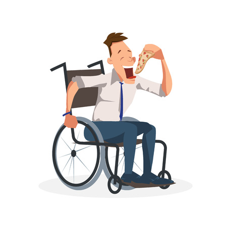 Coworker Sit in Wheelchair with Slice of Pizza. Happy Disabled Office Worker in Formal Outfit Have Italian Food for Lunch or Dinner. Man Eat Junkfood. Cartoon Flat Vector Illustrationのイラスト素材