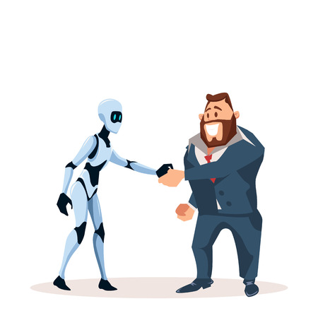 Happy Business Man in Suit and Robot Shake Hand. Partnership with Artificial Intelligence Character. Office Worker in Formal Wear and Male Smart Bot make Agreement. Cartoon Flat Vector Illustrationのイラスト素材