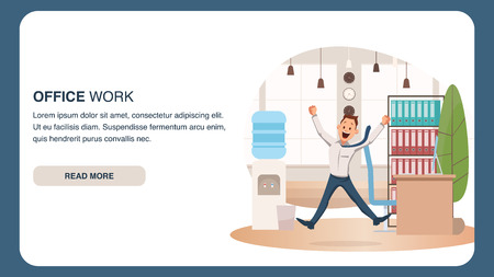 Happy Coworker Jumping Up at Office Workplace. Smiling Businessman Jump. Young Funny Man Wearing Formal Outfit Rejoice at Coworking Space. Fun Work. Cartoon Flat Vector Illustrationのイラスト素材