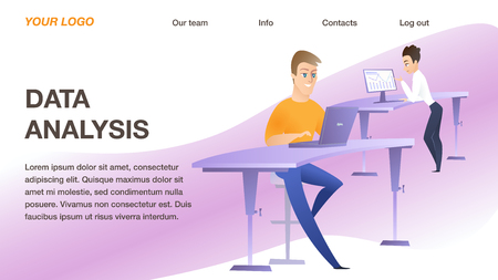 Two Young Business Men at Their Workplace with Computer in Office. Vertical Rectangle Banner, Data Analysis Inscription, Copy Space. Office Working Process, Teamwork Flat Cartoon Vector Illustrationのイラスト素材