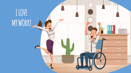 Smiling Woman Jump. Disabled Office Worker Joy. Team Jumping Celebrating Victory. Businessman Wear Suit Sitting in Wheelchair. Happy Coworker Express Emotion Together. Cartoon Flat Vector Illustrationのイラスト素材