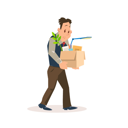 Dismissed Sad Man Carry Carton Box with Belongings. Upset Employee Fired for Bad Work at Office. Unemployment Problem. Jobless Depressed Character. Flat Vector Cartoon Illustrationのイラスト素材