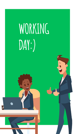 Happy Office Worker Man and Woman Work by Laptop. Businesswoman or Clerk Sit on Chair by Computer. Smiling Male Coworker Character in Suit Show Thumb Up Sign. Flat Cartoon Vector Illustrationのイラスト素材