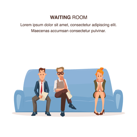 Employee Sit in Queue on Couch in Waiting Room. Worried Pensive Man and Woman Wait for Job Interview in Office. Candidate Character Wear Formal Suit. Cartoon Flat Vector Illustrationのイラスト素材
