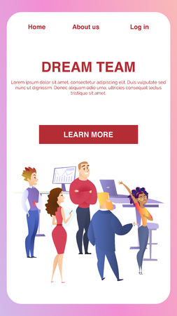 Creative Business Group Teamwork. Corporate People Team Stand in Office on Workplace Background. Vertical Rectangle Banner with Copy Space. Dream Team Inscription. Flat Cartoon Vector Illustrationのイラスト素材
