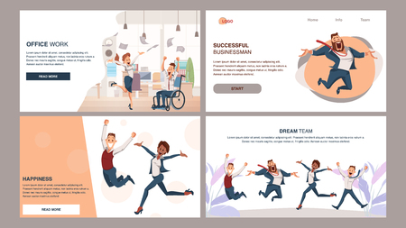 Happy Successful Coworking Business Team Jump Up. Coworker Celebrate Success Corporate Victory. Thrilled Male and Female Office Worker Have Fun. Employee Teamwork Set. Cartoon Flat Vector Illustrationのイラスト素材