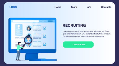 Human Resource Management, Man Hold Magnifier Seo. Search for Employee, Select Professional Staff, Analyzing Application Resume. Character Profile. Flat Cartoon Vector Illustrationのイラスト素材