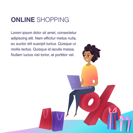Online Shopping Website Element Vector Template. Customer Benefits Illustration. Woman Making Items Ordering. Loyalty Program Concept. Satisfied Client. Online Store Web Banner Conceptのイラスト素材