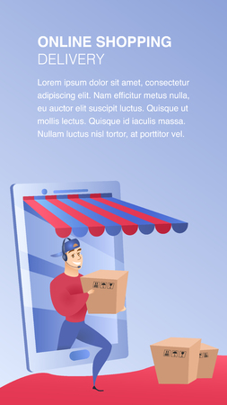 Online Shopping Delivery Website Element Template. Business Advantages Concept. E-Commerce Best Service Landing Page. Man Delivering Ordered Items Flat Illustration. Online Store Web Bannerのイラスト素材