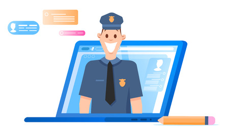 Policeman Character Headshot Appear from Laptop. Happy Male Police Officer Sheriff. Man Smile Wear Professional Uniform Cap. Computer Monitor Screen. Flat Cartoon Vector Illustrationのイラスト素材
