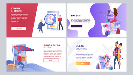 Online Marketing Set of Vector Color Templates. Mass Media, Online Shopping, Search engine, Customer Retention Walkthrough Steps Flat Illustration. Online Advertising Strategy. UX, UI Interfaceのイラスト素材