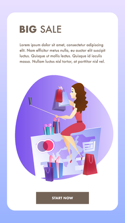 Online Shopping Website Element Vector Template. Big Sale Flat Illustration. Satisfied Client Concept. Woman with Presents Making Selfie. Video Purchase Review. Online Shop Web Bannerのイラスト素材