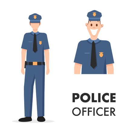 Male Character Policeman Head Shot and Full Length. Smiling Police Officer. Man Wear Professional Clothes Uniform. Citizen Protection Guard Picture Set. Flat Cartoon Vector Illustrationのイラスト素材