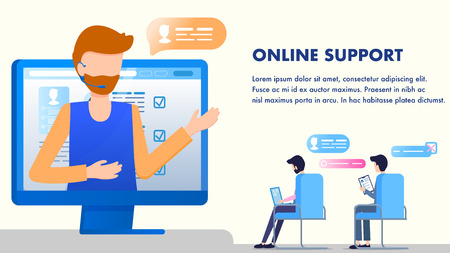 Office Worker in Headset Online Customer Support. Bearded Man Wear Headphones. Call Center Client Service. Character Sit on Chair Work at Laptop Tablet. Flat Cartoon Vector Illustrationのイラスト素材