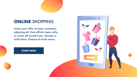 Online Shopping Website Flat Vector Color Template. E-Commerce Landing Page. Internet, Digital Marketing Illustration. Advertising Strategy. Gifts and Purchases. Online Store Web Bannerのイラスト素材