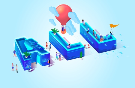 Digital Vector Isometric Illustration Big Letters Small Little Men. Balloon with Man Flies in Clouds on Roof and Green Flower. Girl Reading Book and Captain Turns Wheel Guy Holds Flag.のイラスト素材