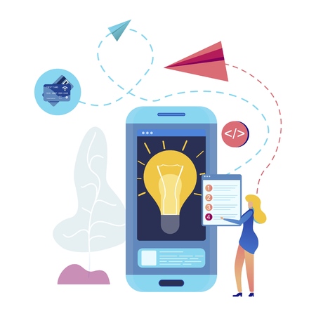 Mobile Phone Screen Technology Idea Illustration. Smartphone Application get Credit Card Information show Lightbulb on Display. Female Manager update List send Paper Plane Message to Networkのイラスト素材
