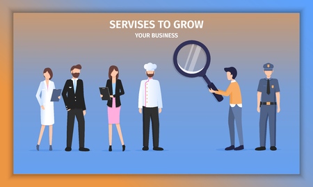 Various Business Career Character Choice Challenge. Different People Work Together in Uniform. Professional Stewardess Woman, Police Officer and Pilot Man Pose Banner Flat Cartoon Vector Illustrationのイラスト素材