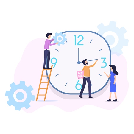 Time Optimization help Planning, Control Human Work. People make Change Setting in Main Clock Timeline. Woman Lead Organization TeamWork Management Process. Flat Cartoon Vector Illustrationのイラスト素材
