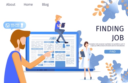 Man Finding Doctor Job Occupation in Laptop. Hipster Character Select Medical Profile Resume Document. Online Corporate Recruit Talent on Laptop Banner Flat Cartoon Vector Illustrationのイラスト素材