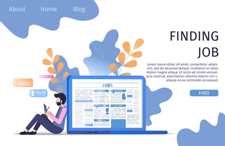 Man Character Fill Resume Profile Form Finding Job. Business Vacancy Search for Fair Manager Career. Candidate Person Choose Profile Cv Banner Flat Cartoon Vector Character Illustrationのイラスト素材