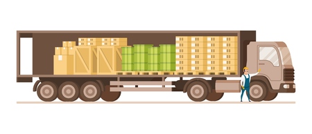 Open Fast Delivery Load Truck Full of Cargo Goods. Side View of Van with Cardboard and Wooden Box. Factory Worker Character in Uniform Standing Infront. Flat Cartoon Vector Illustrationのイラスト素材