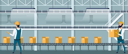 Warehouse Packing Conveyor using Human Resource. Worker Character in Overall Uniform Preparing Goods For Dispatch. Packingline with Cardboard Box on Factory. Flat Cartoon Vector Illustrationのイラスト素材
