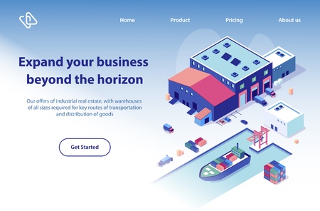 International Transport Company Isometric Vector Web Banner. Cargo Trucks near Warehouse Building, Container Ship in Port Illustration. Global Postal, Word Wide Delivery Service Landing Page Templateのイラスト素材