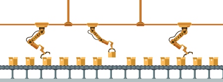 Yellow Robotic Claw Long Packing Box Conveyor. Mechanical Arm Crane Manufacture Technology. Industrial Robot Working at Warehouse Service. Storage Business. Flat Cartoon Vector Illustrationのイラスト素材