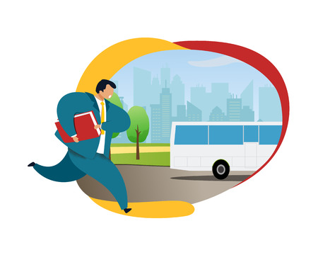 Businessman Running after Bus Vector Illustration. Office Worker in Suite with Briefcase Hurrying up. Busy, Stressed Employee Rushing. Working-Day, Daily Routine Flat Color Cartoon Clipartのイラスト素材