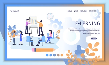 E-Learning Courses, Distant Education Service Flat Vector Web Banner. Businesspeople or Students Teaching Together, Doing Lessons in Virtual Class Illustration. Online University Landing Page Templateのイラスト素材