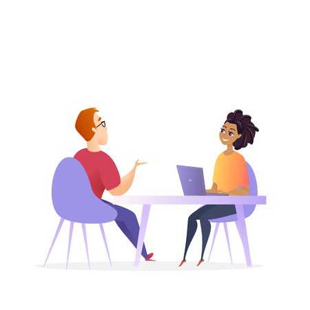 Job Interview Meeting. Hr Manager Vector Character. Woman by Laptop make Conversation with Man for Business Corporate Position. Effective Hiring Research Concept. Recruitment Cartoon Illustrationのイラスト素材