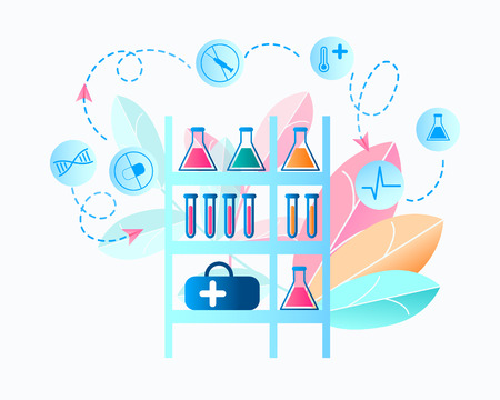Illustration Medical Laboratory Researching Virus. Vector Image Rack on Which Medical Equipment is Located. Shelf with Ampoule, Flask, Set Medical Drug. Biological Research Virus. on White Backgroundのイラスト素材