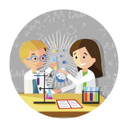 Happy Classmates Make Experiments, Holding School Equipment and take Notes in Chemistry Class. Vector Flat Illustration on Color Background. Instruments Beakers Tube Research are Laid out on Table.のイラスト素材